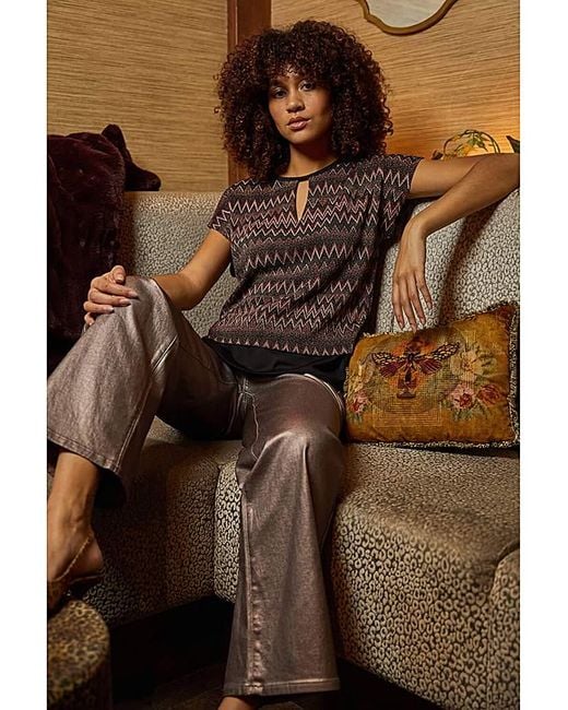 Roman Brown Roman Zig Zag Print Bubble Hem Top