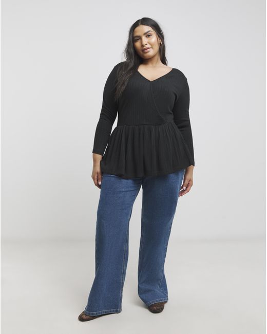 Simply Be Black Ribbed Soft Touch Mock Wrap Top