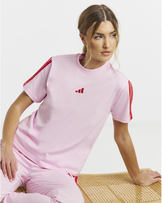 Adidas Pink 3 Stripe T-Shirt