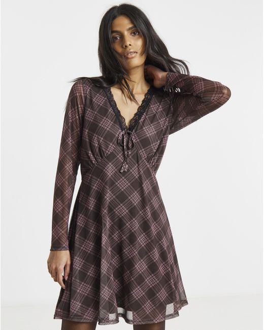 Simply Be Brown Mesh Lace Trim Skater Dress