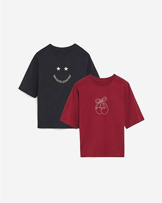 Simply Be Red Cherryprint Smileyembroidery Tee Pack