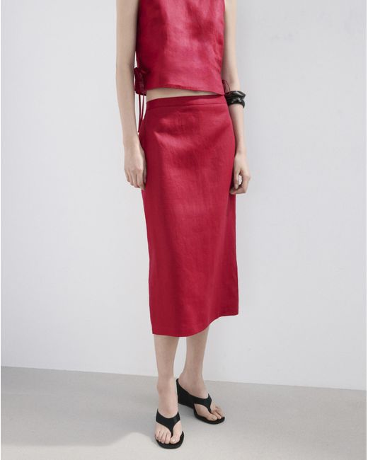 Mango Red Linen Midi Skirt