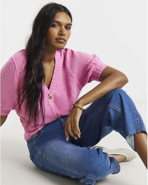 Simply Be Pink Puff Sleeve Button Cardigan
