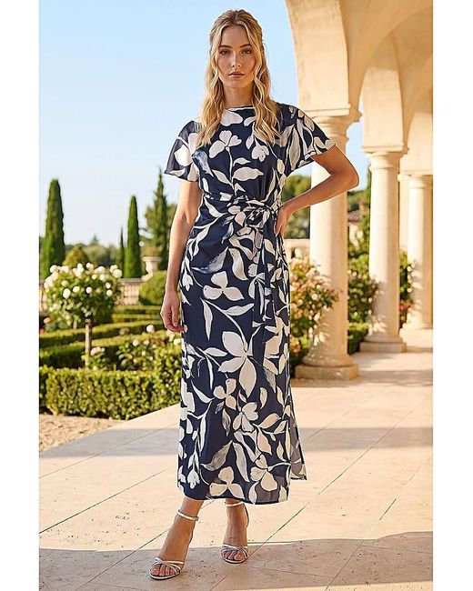 Roman Blue Roman Floral Print Side Tie Crepe Dress