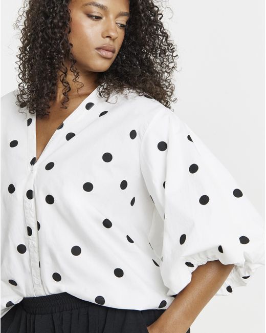 Simply Be White Mono Spot Button Through Blouse
