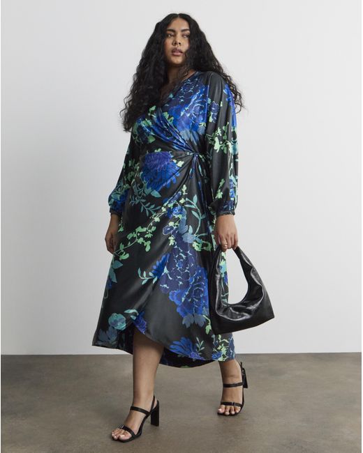 Joanna Hope Blue Floral Satin Wrap Dress