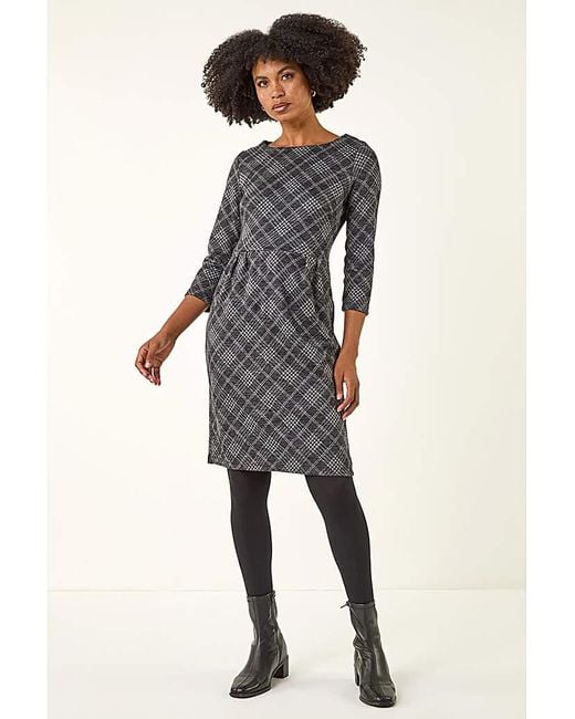 Roman White Roman Checked Front Pleat Shift Dress