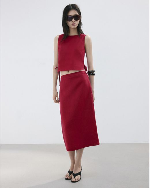 Mango Red Linen Midi Skirt