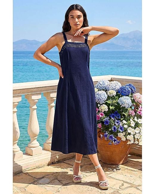 Roman Blue Roman Linen Blend Lace Trim Midi Dress