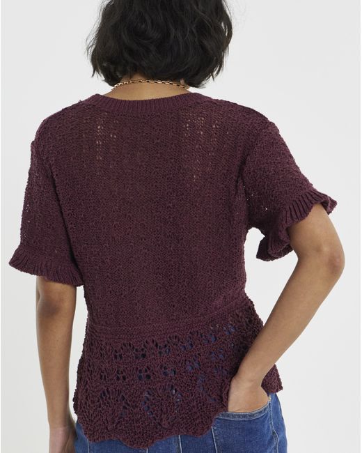 Simply Be Purple Peplum Stitch Detail Ss Knit