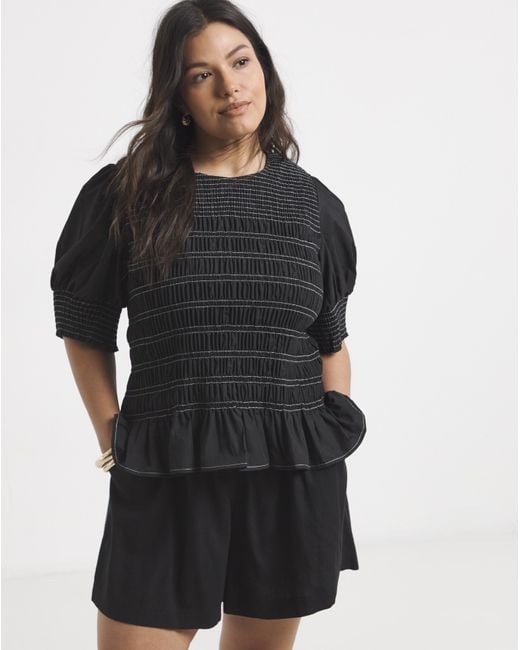 Simply Be Black Smocked Poplin Blouse