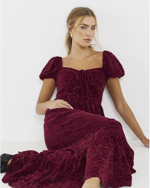 Lovedrobe Red Puff Sleeve Devore Midaxi