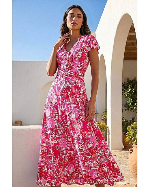 Roman Pink Roman Floral Ruched Waist Midi Dress