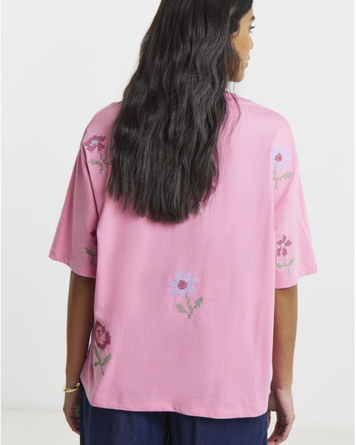 Simply Be Pink Cross Stitch Embroidered T-Shirt