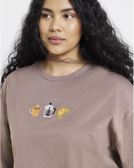 Simply Be Brown Embroidered Coffee & Pastry T-Shirt
