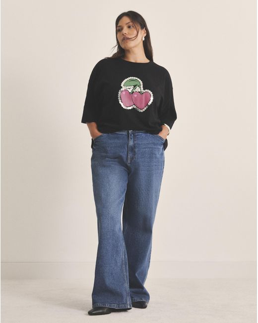 Simply Be Blue Flocked Embellished Cherries Tee