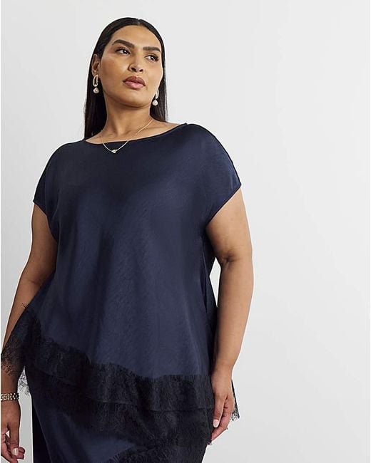 Joanna Hope Blue Lace Trim Satin Top