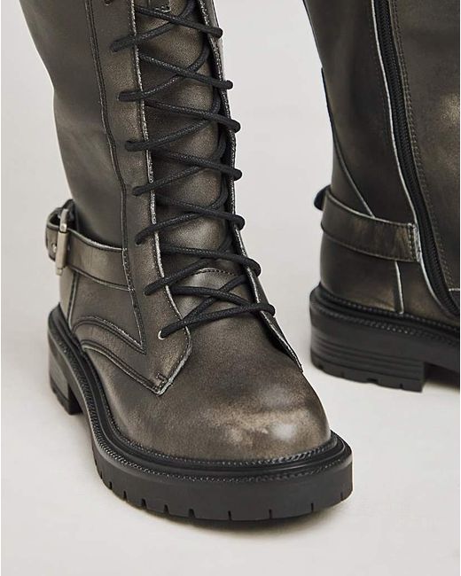 Simply Be Gray Knee High Lace Up Utility Boots Ex Wide