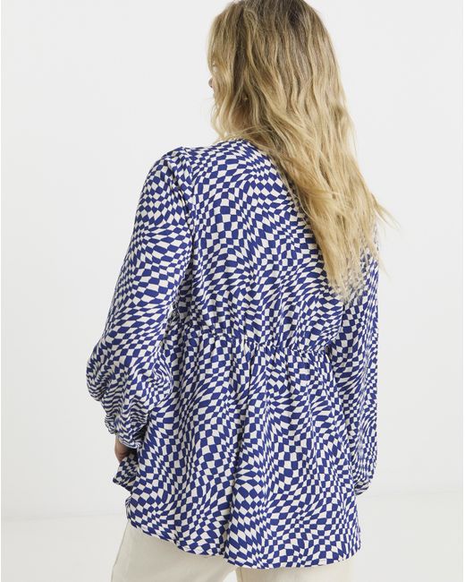 Simply Be Blue Checkerboard V-Neck Smock Top