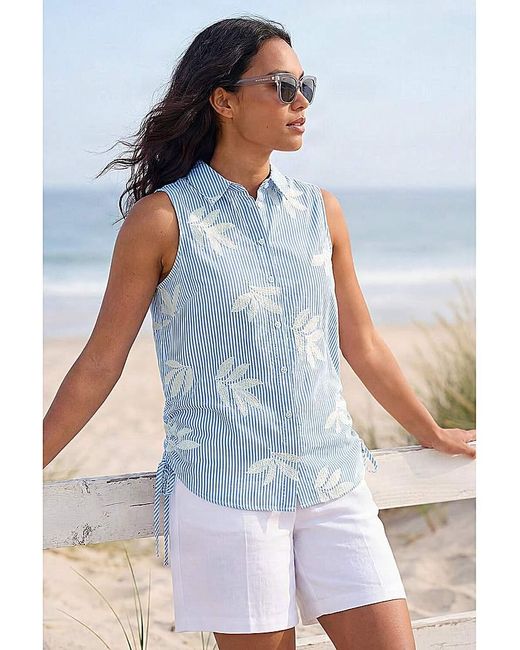 Roman Blue Roman Stripe Leaf Button Up Blouse