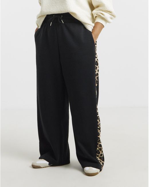 Simply Be Black Wide Leg Leopard Side Stripe Joggers