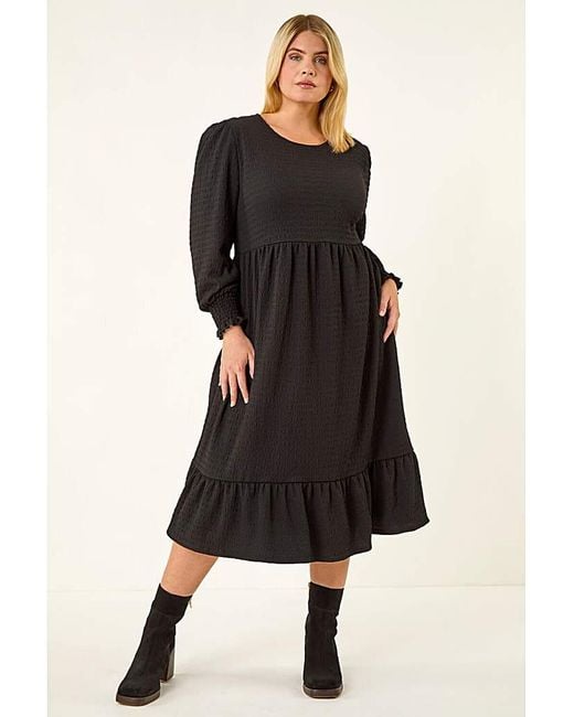 Roman Curve Black Gathered Stretch Midi Dress