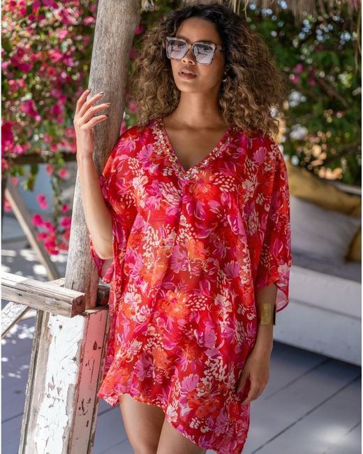Pour Moi Red Chiffon V Neck Embellished Kaftan
