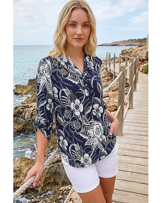 Roman Blue Roman Floral Print V-Neck Stretch Shirt