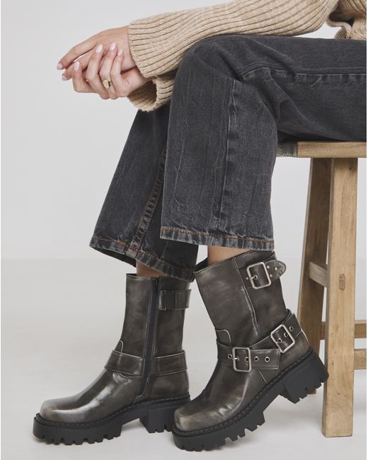 Simply Be Black Chunky Buckle Ankle Biker Boot Wide