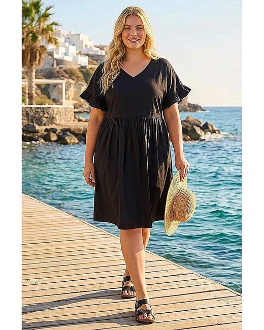 Roman Curve Blue Cotton V-Neck Frill Dress