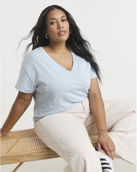 Simply Be Blue Flower Embroidery & Pearl Top
