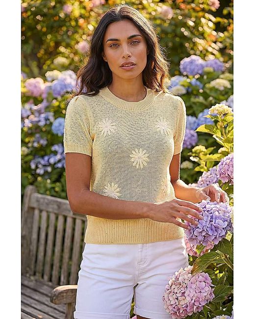 Roman Yellow Roman Daisy Sparkly Embroidered Knit Top