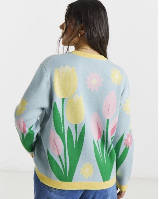 Simply Be Blue Floral Graphic Crew Neck Cardigan