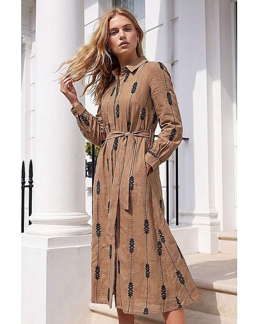 Roman Brown Roman Embroidered Belted Midi Dress