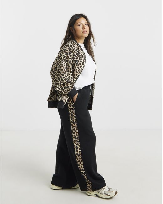 Simply Be Black Wide Leg Leopard Side Stripe Joggers