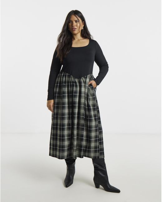 Simply Be Black Jersey Woven Mix Check Midi Dress