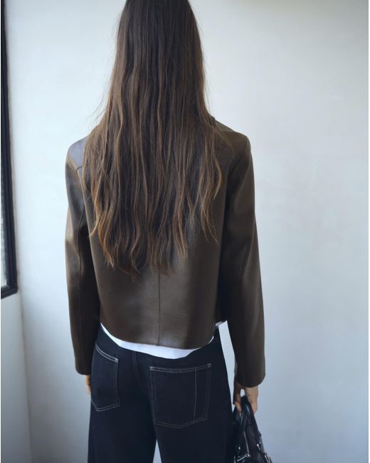 Mango Blue Faux Leather Collared Jacket