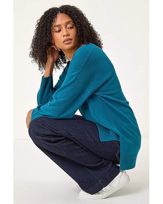 Roman Blue Roman V-Neck Side Split Knit Sweater