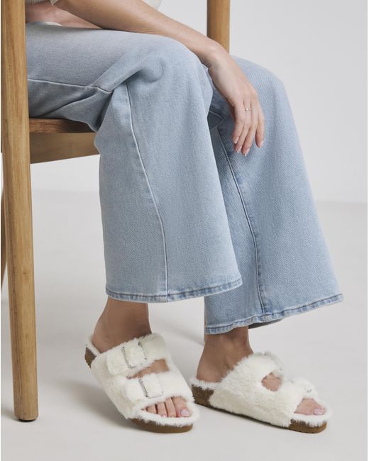 Simply Be Blue Fluffy Two Strap Footbed Slipper Ex Wide