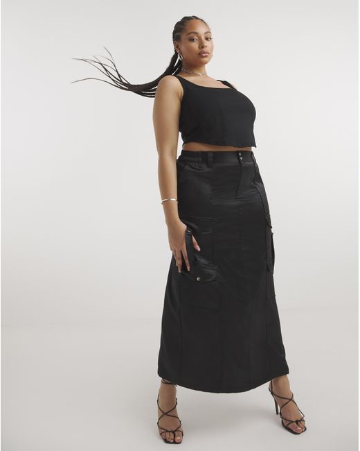 Simply Be Black Satin Cargo Midaxi Skirt