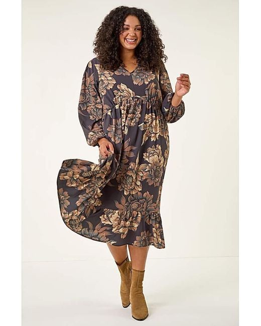 Roman Curve Brown Floral Print Midi Dress