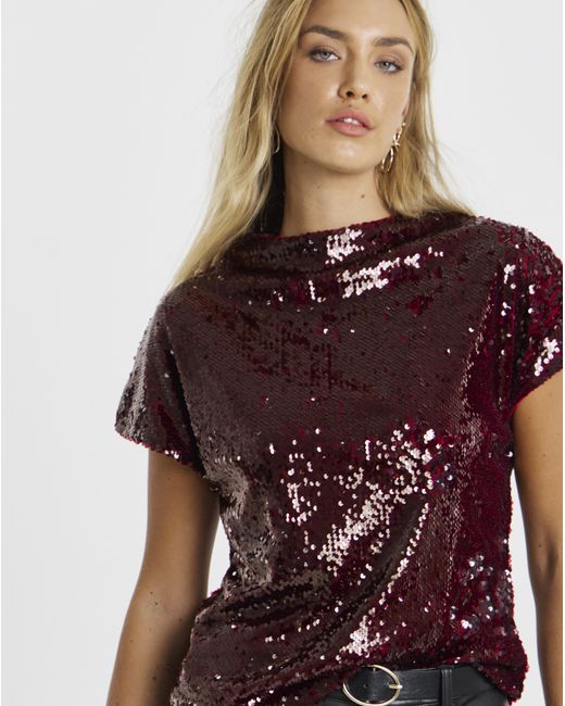 Simply Be Brown Glossy Sequin Cap Sleeve Top