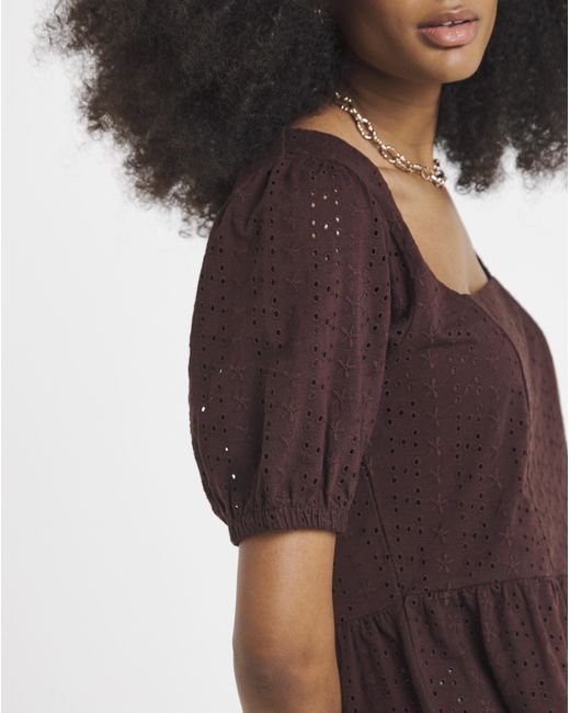 Simply Be Brown Stretch Broderie Square Neck Peplum