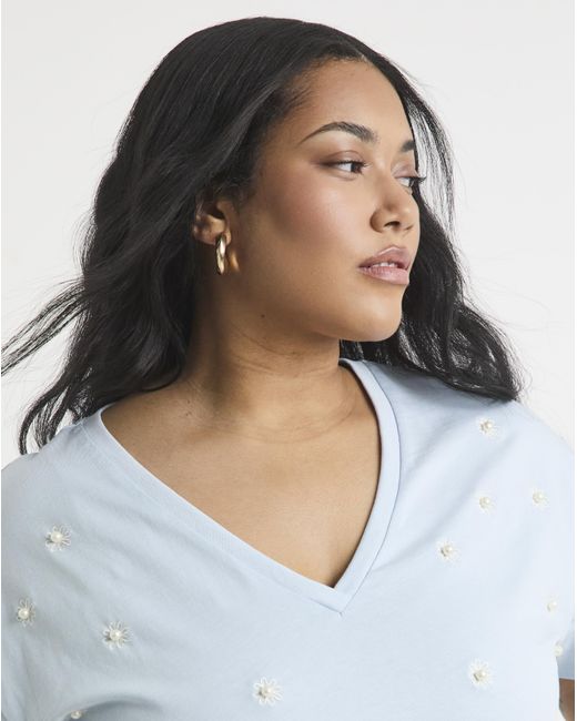 Simply Be Blue Flower Embroidery & Pearl Top