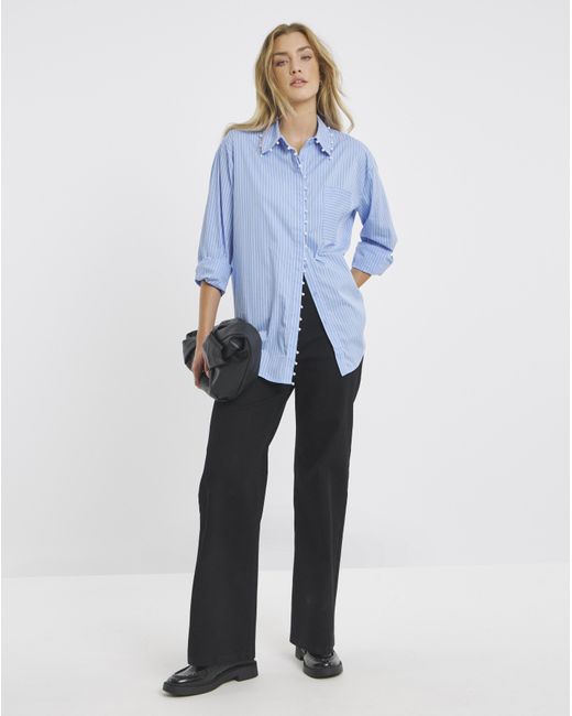 Simply Be Blue Stripe Shirt With Pearl Trim Detailing