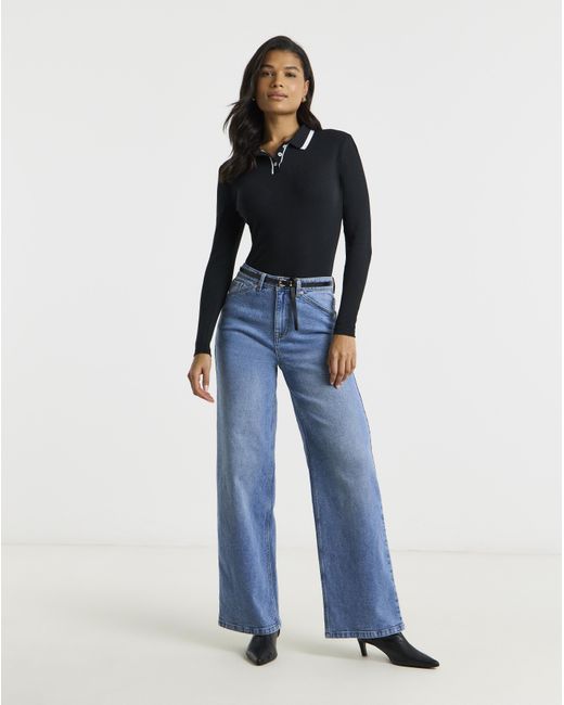 Simply Be Blue Contrast Tipping Ribbed Polo Neck