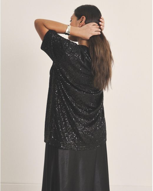 Simply Be Black Linear Sequin Oversized T-Shirt