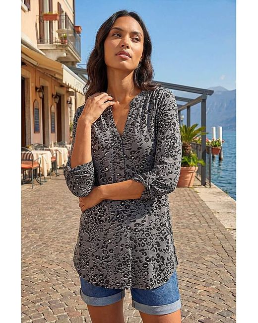 Roman Gray Roman Animal Print Stretch Blouse
