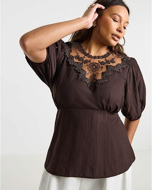 Simply Be Brown Lace Insert Peplum Blouse