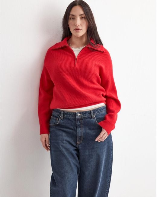 Mango Red Quarter Zip Knit Sweater